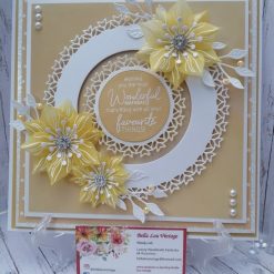 Luxury Handmade Birthday - Mustard, Lemon & White birthday card with pretty lemon vellum flowers & a decorative circle border frame