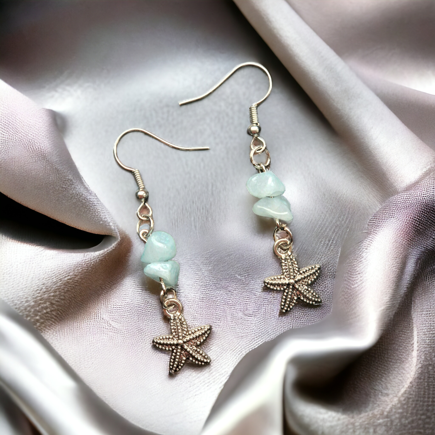 A Beautiful Pair of Blue Opal Gemstone and Silver Starfish Dangle Earrings A Beautiful Pair of Blue Opal Gemstone and Silver Starfish Dangle Earrings