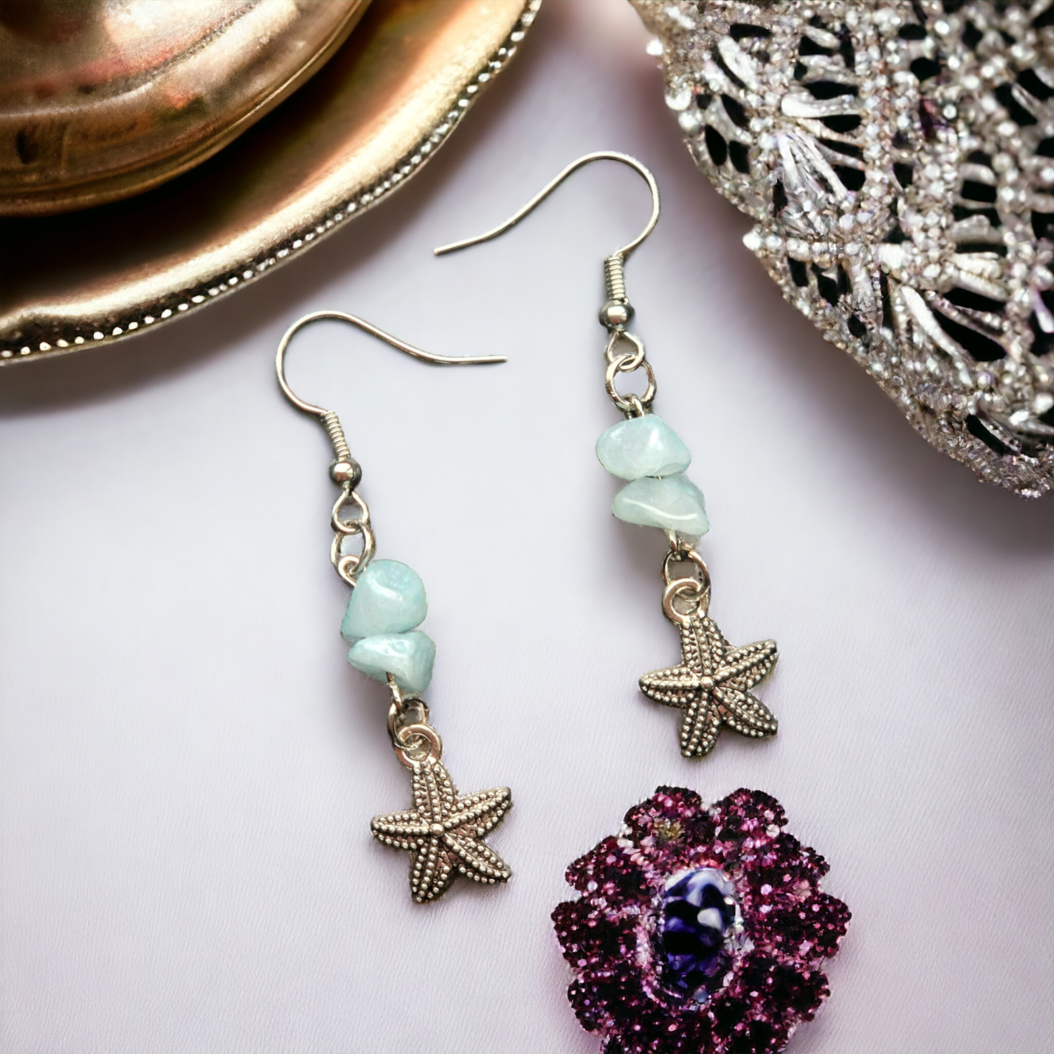 A Beautiful Pair of Blue Opal Gemstone and Silver Starfish Dangle Earrings A Beautiful Pair of Blue Opal Gemstone and Silver Starfish Dangle Earrings