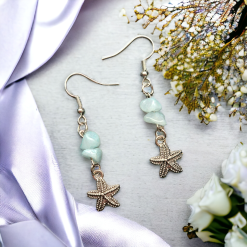 A Beautiful Pair of Blue Opal Gemstone and Silver Starfish Dangle Earrings 2 A Beautiful Pair of Blue Opal Gemstone and Silver Starfish Dangle Earrings 2