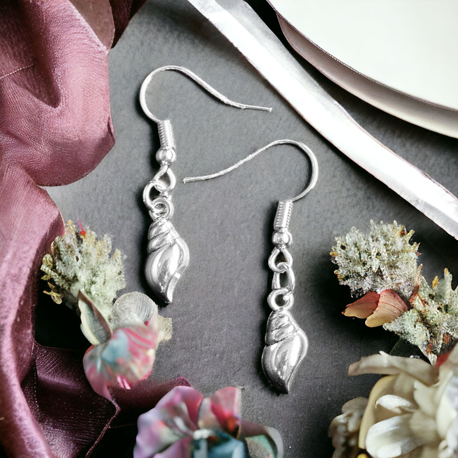 A Beautiful Pair of Silver Seashell Drop Earrings A Beautiful Pair of Silver Seashell Drop Earrings