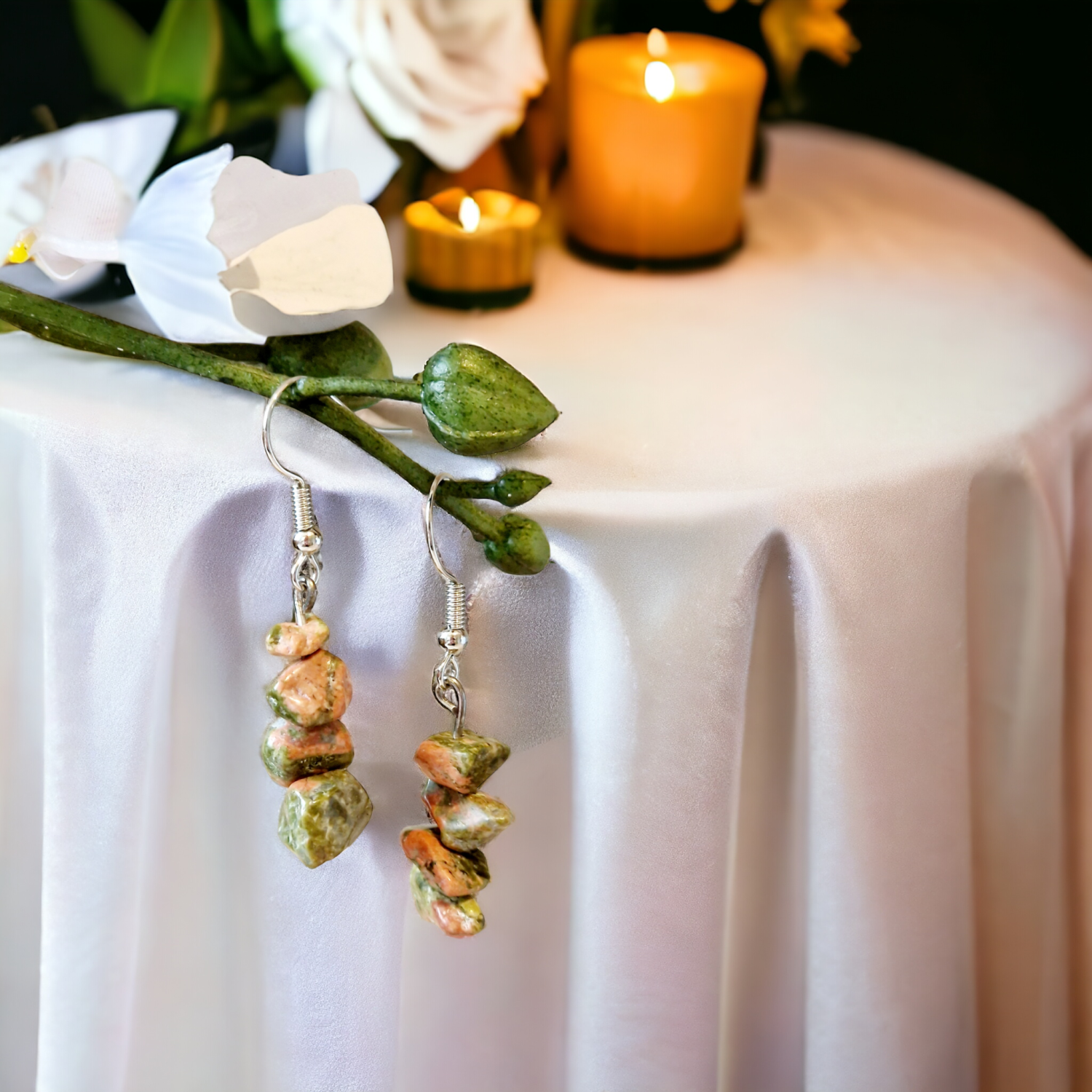 A Beautiful Pair of Unakite Jasper Gemstone Dangle Silver Hook Earrings A Beautiful Pair of Unakite Jasper Gemstone Dangle Silver Hook Earrings