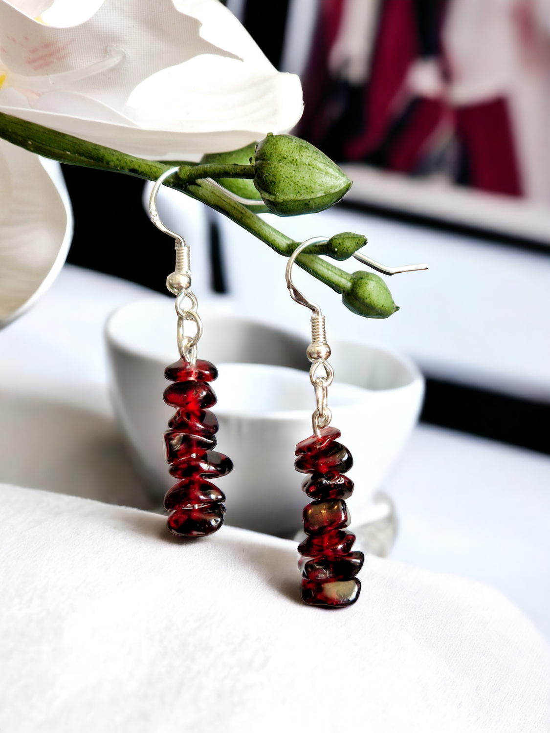A Beautiful Pair of Almandine Garnet Dangle Silver Hook Earrings A Beautiful Pair of Almandine Garnet Dangle Silver Hook Earrings
