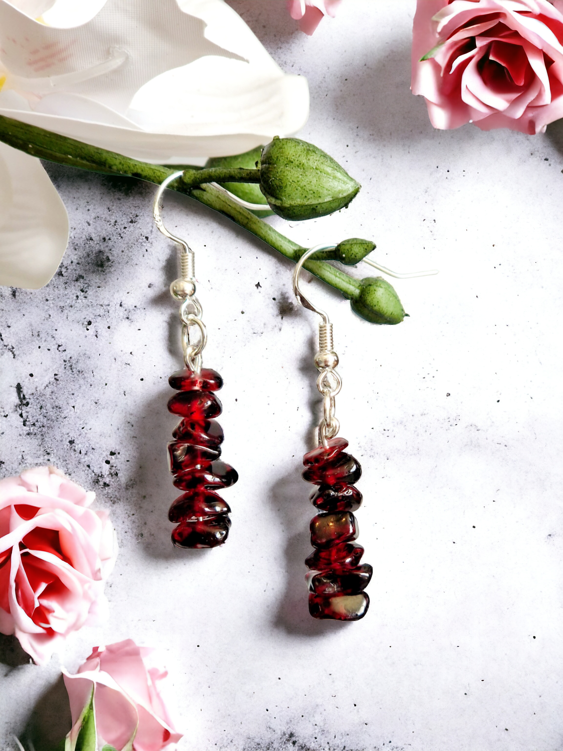 A Beautiful Pair of Almandine Garnet Dangle Silver Hook Earrings A Beautiful Pair of Almandine Garnet Dangle Silver Hook Earrings