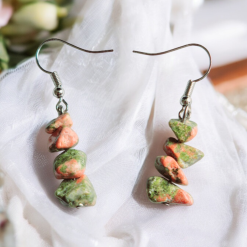 A Beautiful Pair of Unakite Jasper Gemstone Dangle Silver Hook Earrings