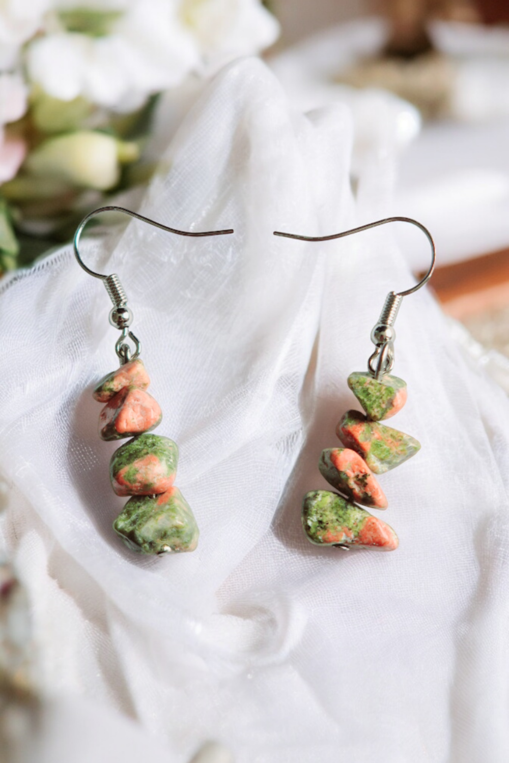 A Beautiful Pair of Unakite Jasper Gemstone Dangle Silver Hook Earrings A Beautiful Pair of Unakite Jasper Gemstone Dangle Silver Hook Earrings