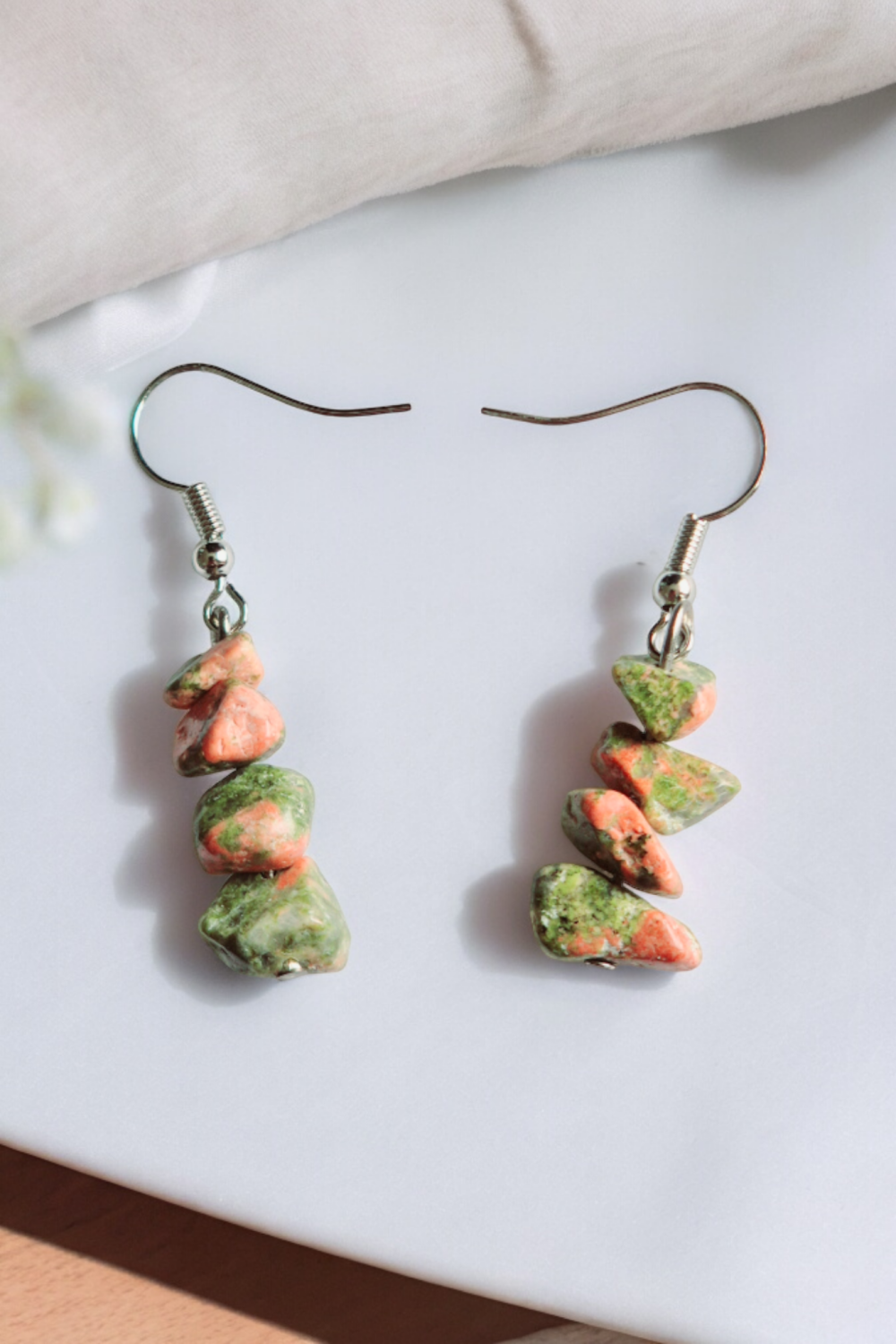 A Beautiful Pair of Unakite Jasper Gemstone Dangle Silver Hook Earrings A Beautiful Pair of Unakite Jasper Gemstone Dangle Silver Hook Earrings