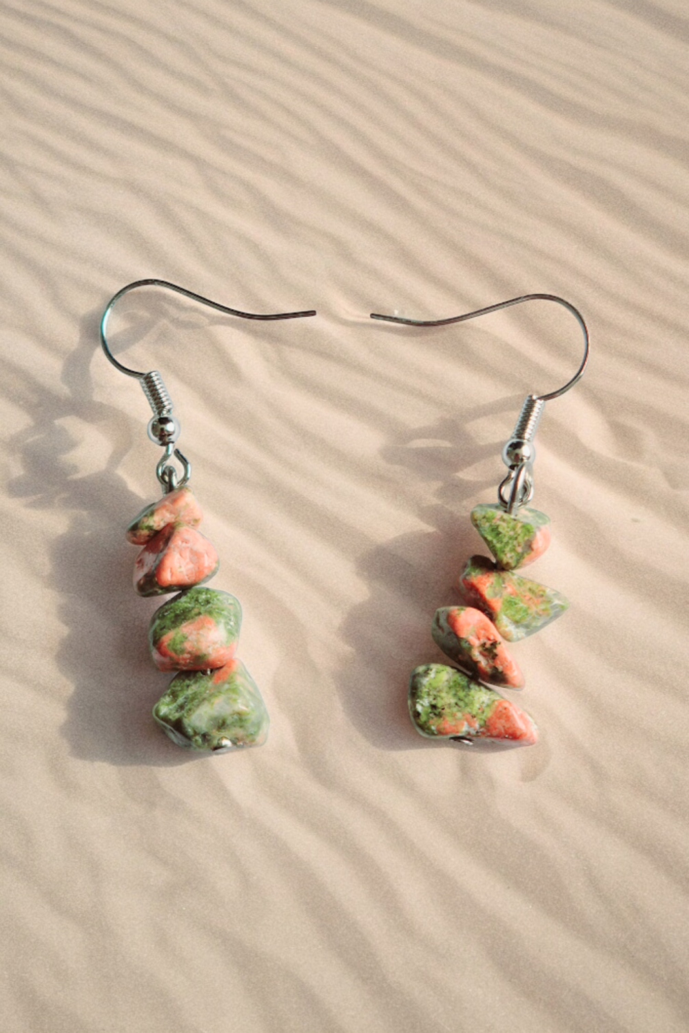 A Beautiful Pair of Unakite Jasper Gemstone Dangle Silver Hook Earrings A Beautiful Pair of Unakite Jasper Gemstone Dangle Silver Hook Earrings
