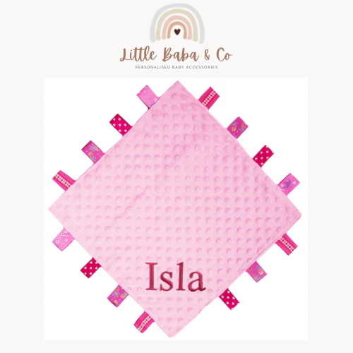 Personalised Pink Baby Taggie Blanket Comforter Knitted Cable Taggie