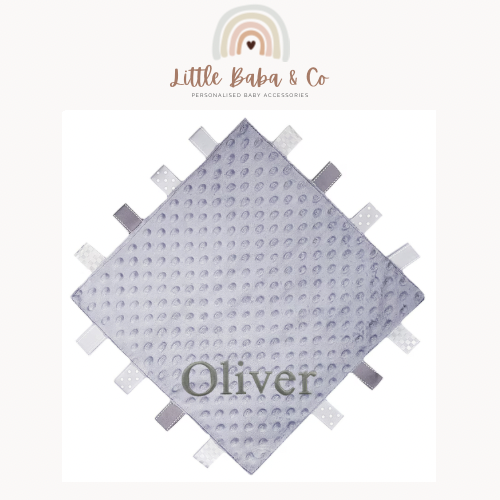 Personalised Grey Baby Taggie Blanket Comforter Knitted Cable Taggie