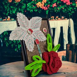 photo frame with crochet flower and vintage crochet leaf