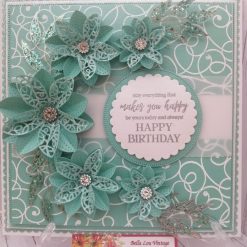 Luxury Handmade Birthday - Mint green & white Birthday card with spray of filigree flowers & stamped decorative background