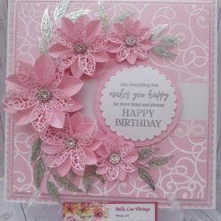 Luxury Handmade Birthday - Pink & white Birthday card with spray of filigree flowers & stamped decorative background
