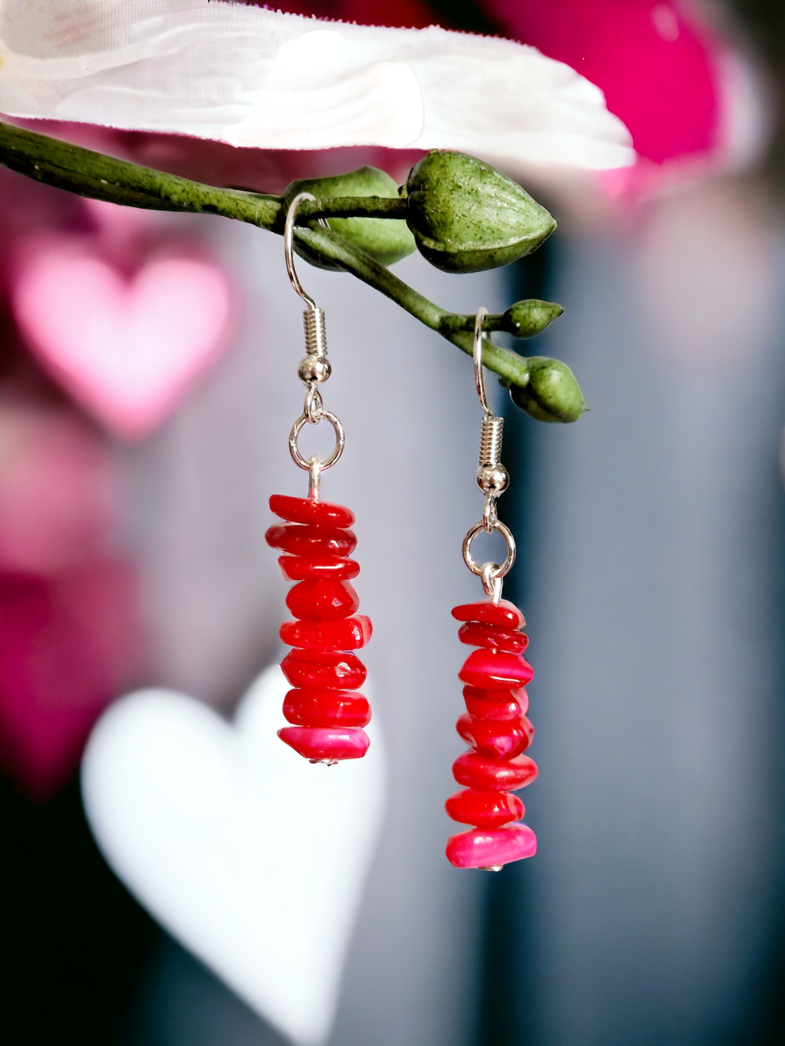 A Beautiful Pair of Red Coral Imitation Gemstone Dangle Silver Hook Earrings A Beautiful Pair of Red Coral Imitation Gemstone Dangle Silver Hook Earrings