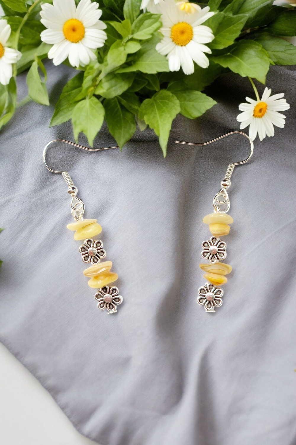 Photoroom-20240531_173329 A Beautiful Pair of Yellow Aventurine and Silver Daisies Dangle Earrings 4