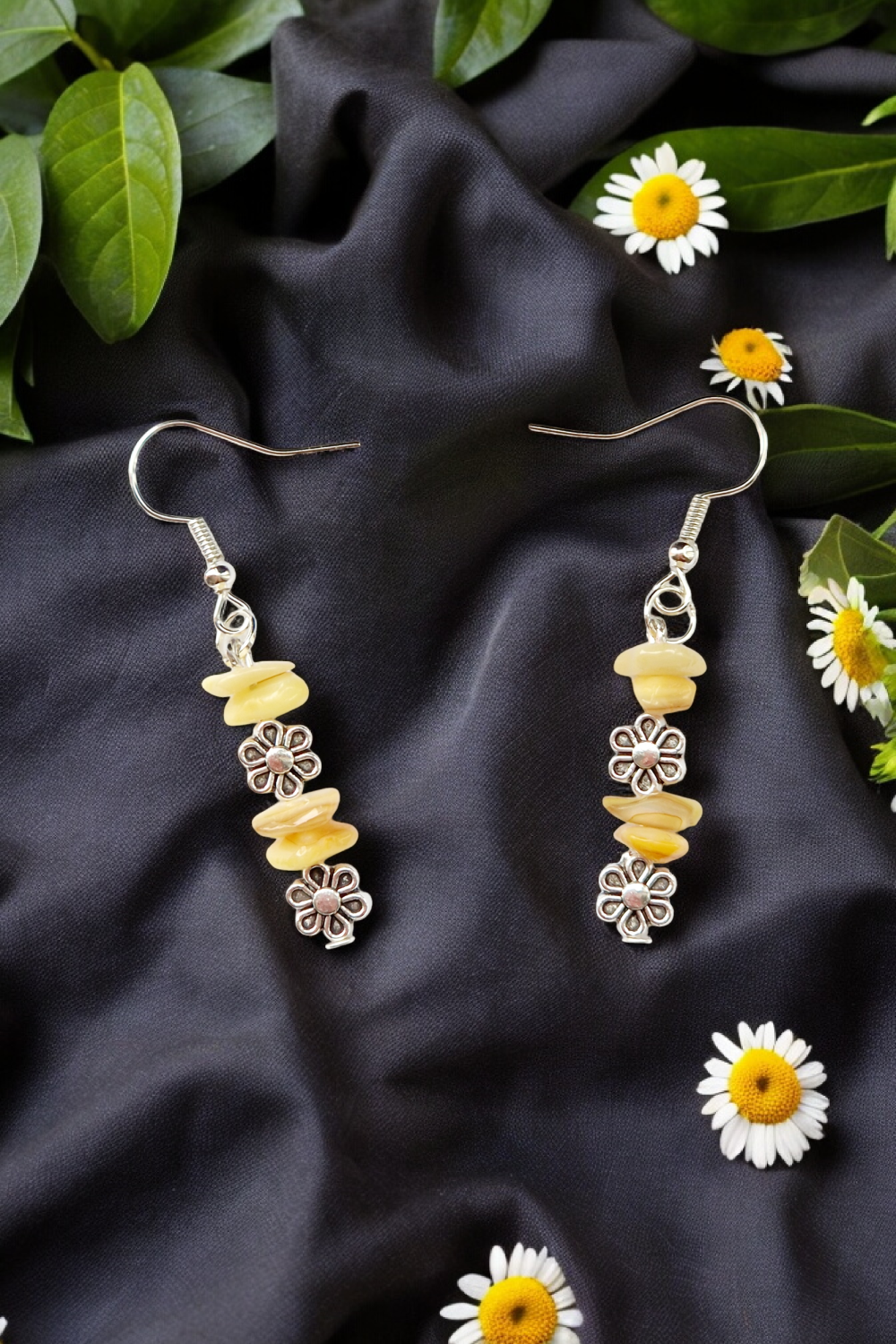 Photoroom-20240531_173342 A Beautiful Pair of Yellow Aventurine and Silver Daisies Dangle Earrings 5