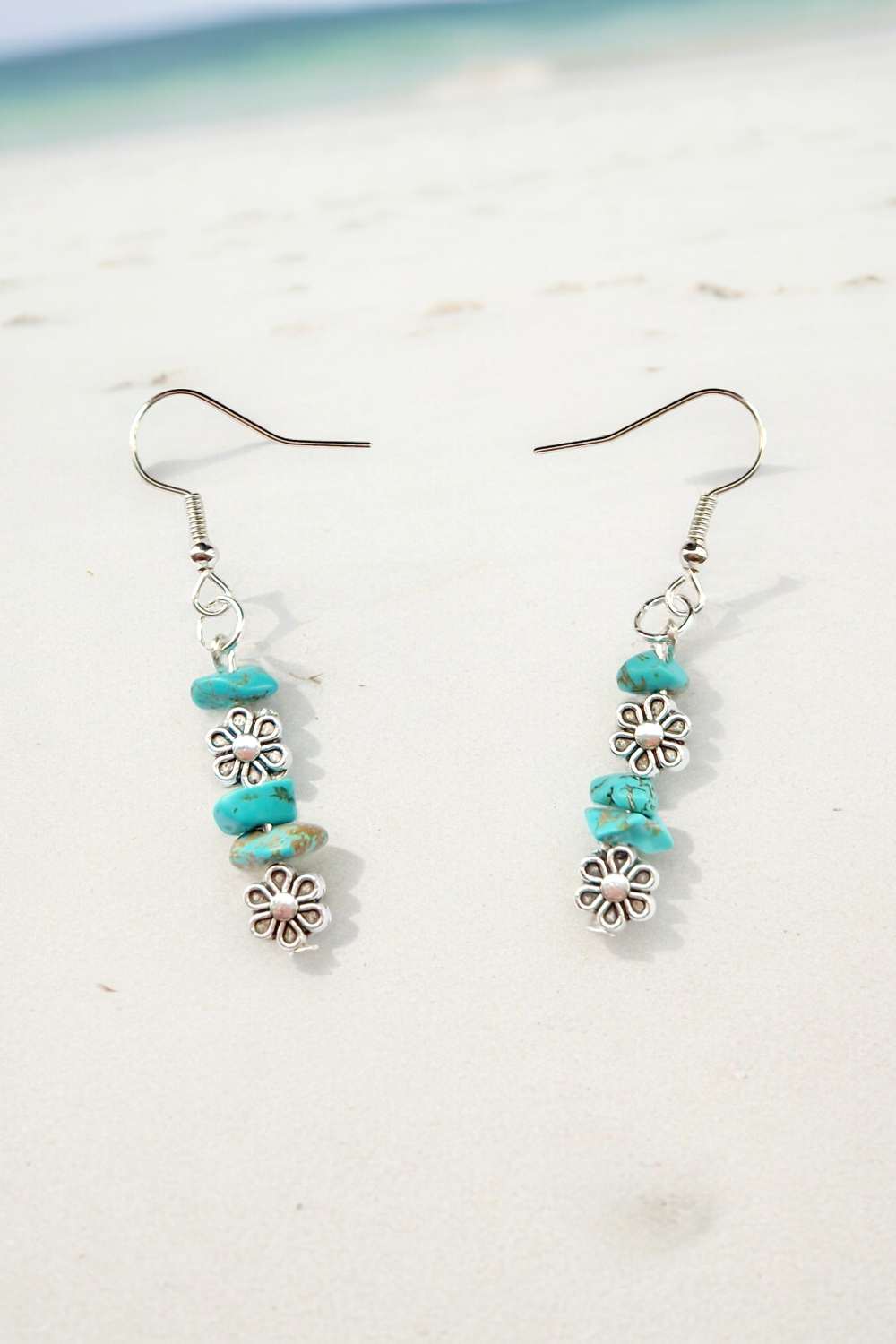 A Beautiful Pair of Turquoise Gemstone and Silver Daisies Dangle Earrings A Beautiful Pair of Turquoise Gemstone and Silver Daisies Dangle Earrings
