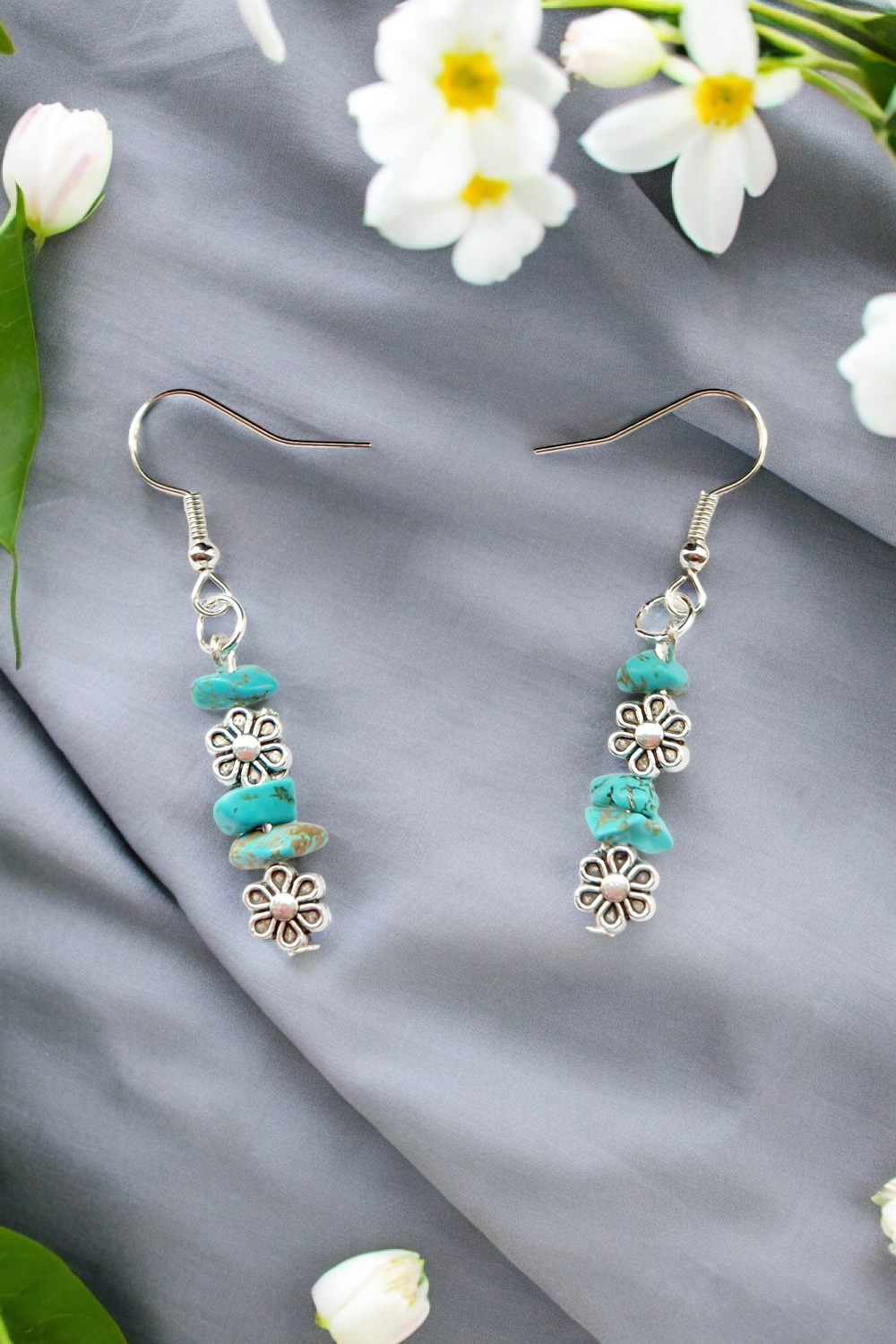 A Beautiful Pair of Turquoise Gemstone and Silver Daisies Dangle Earrings A Beautiful Pair of Turquoise Gemstone and Silver Daisies Dangle Earrings