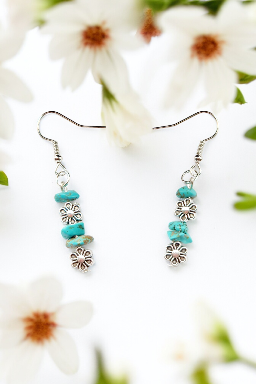 A Beautiful Pair of Turquoise Gemstone and Silver Daisies Dangle Earrings A Beautiful Pair of Turquoise Gemstone and Silver Daisies Dangle Earrings