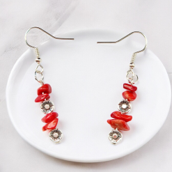 A Beautiful Pair of Red Coral Imitation Gemstone and Silver Poppies Dangle Earrings