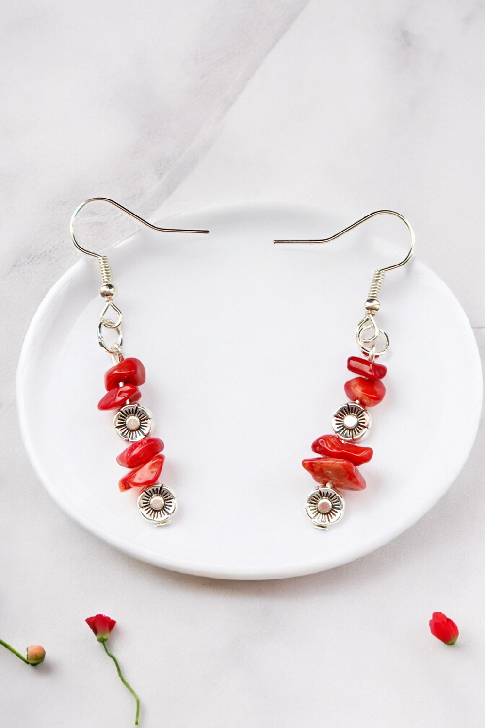 A Beautiful Pair of Red Coral Imitation Gemstone and Silver Poppies Dangle Earrings A Beautiful Pair of Red Coral Imitation Gemstone and Silver Poppies Dangle Earrings