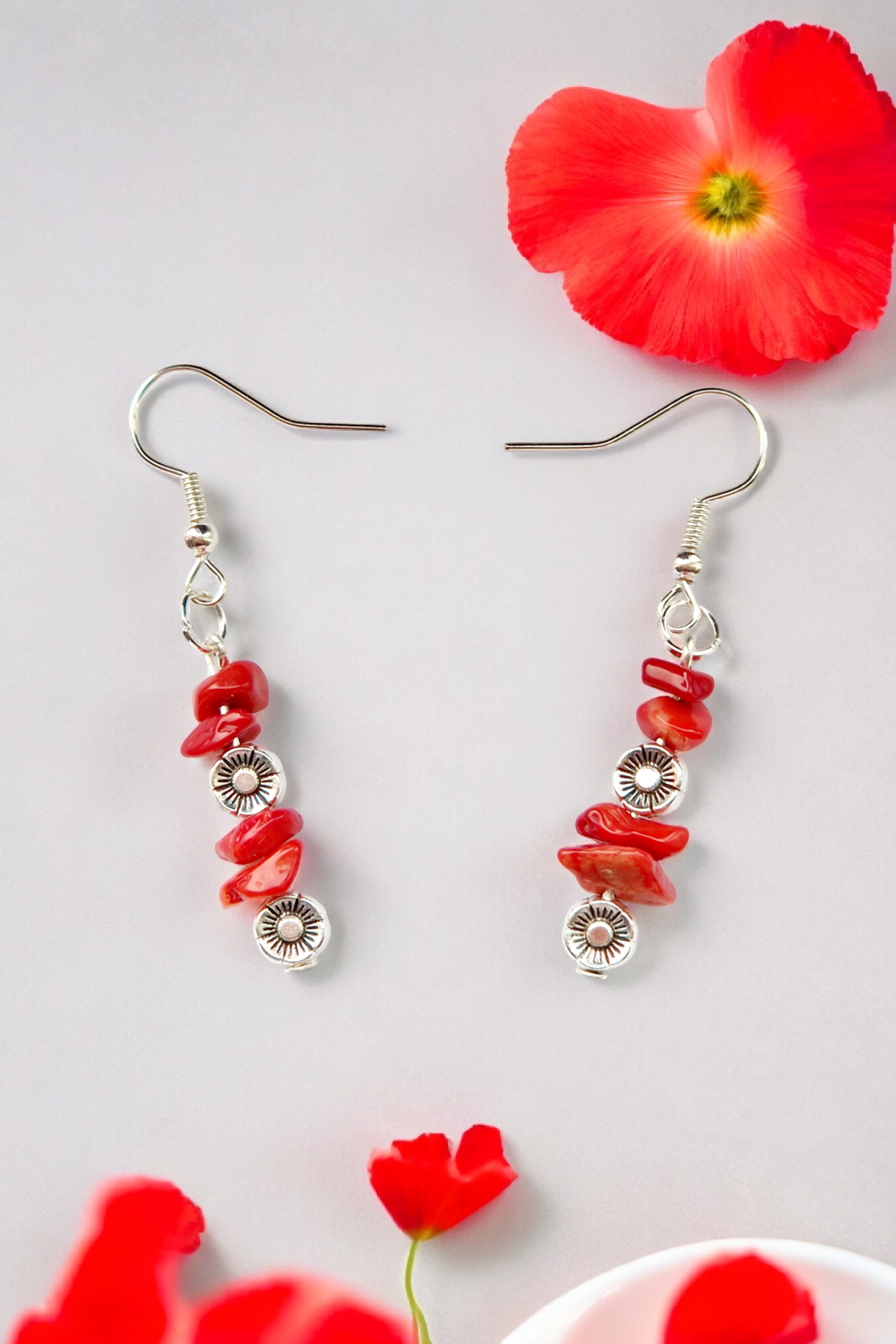 A Beautiful Pair of Red Coral Imitation Gemstone and Silver Poppies Dangle Earrings A Beautiful Pair of Red Coral Imitation Gemstone and Silver Poppies Dangle Earrings