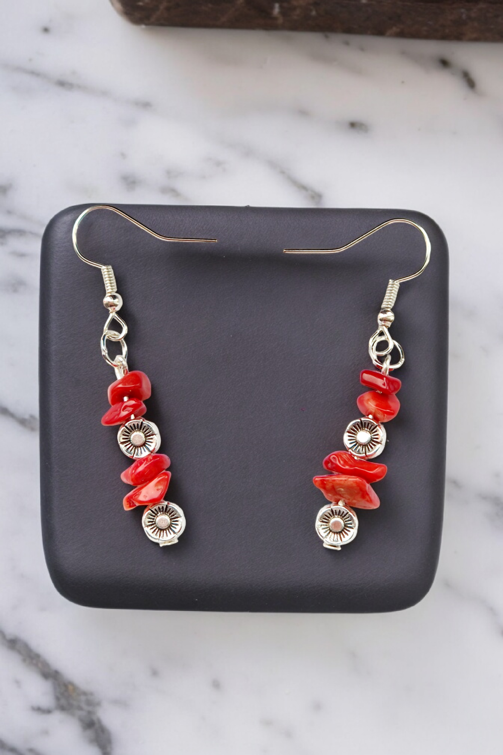A Beautiful Pair of Red Coral Imitation Gemstone and Silver Poppies Dangle Earrings A Beautiful Pair of Red Coral Imitation Gemstone and Silver Poppies Dangle Earrings