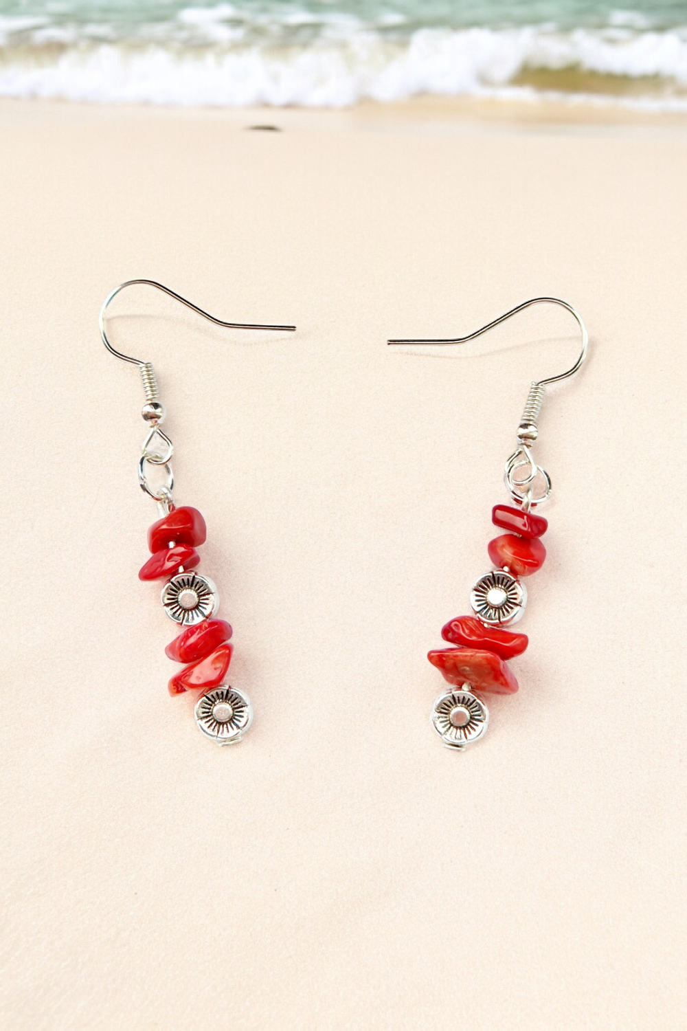 A Beautiful Pair of Red Coral Imitation Gemstone and Silver Poppies Dangle Earrings A Beautiful Pair of Red Coral Imitation Gemstone and Silver Poppies Dangle Earrings