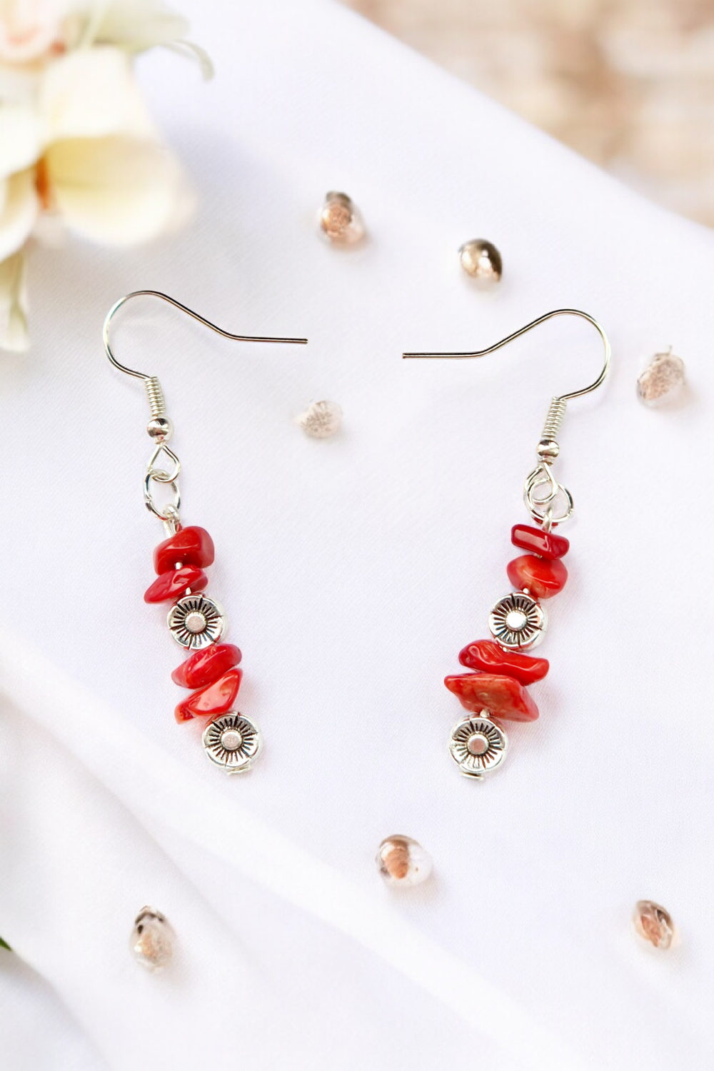 A Beautiful Pair of Red Coral Imitation Gemstone and Silver Poppies Dangle Earrings A Beautiful Pair of Red Coral Imitation Gemstone and Silver Poppies Dangle Earrings