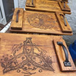 Rustic Engraved Tray -Celtic Knot with metal or leather handles - message me your preference re. handles, stain and finish
