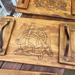 Rustic Engraved Tray -Celtic Knot with metal or leather handles - message me your preference re. handles, stain and finish