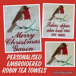 Personalised Embroidered Tea Towel Robin Design
