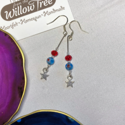 Blue & Red Glass Star Charm Drop Earrings