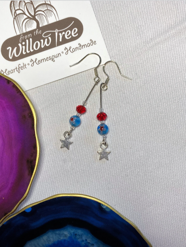 Blue & Red Glass Star Charm Drop Earrings Blue & Red Glass Star Charm Drop Earrings