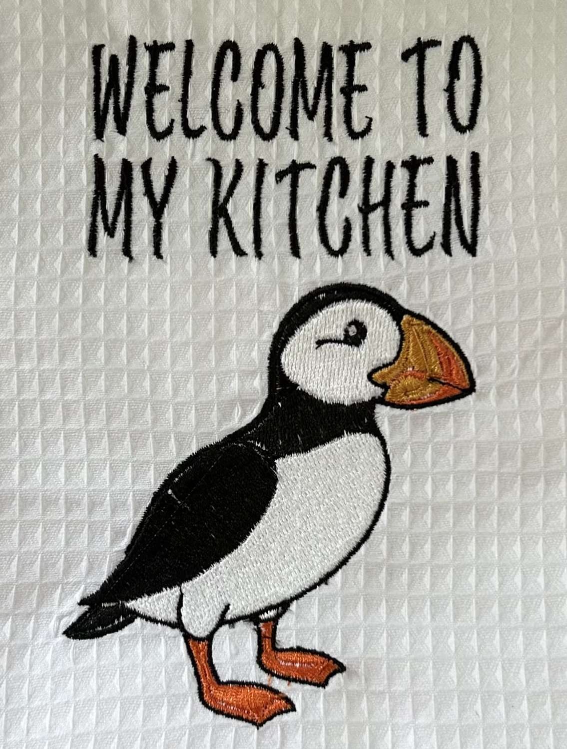 Personalised Embroidered Tea Towel Puffin Design Personalised Embroidered Tea Towel Puffin Design