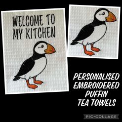 Personalised Embroidered Tea Towel Puffin Design