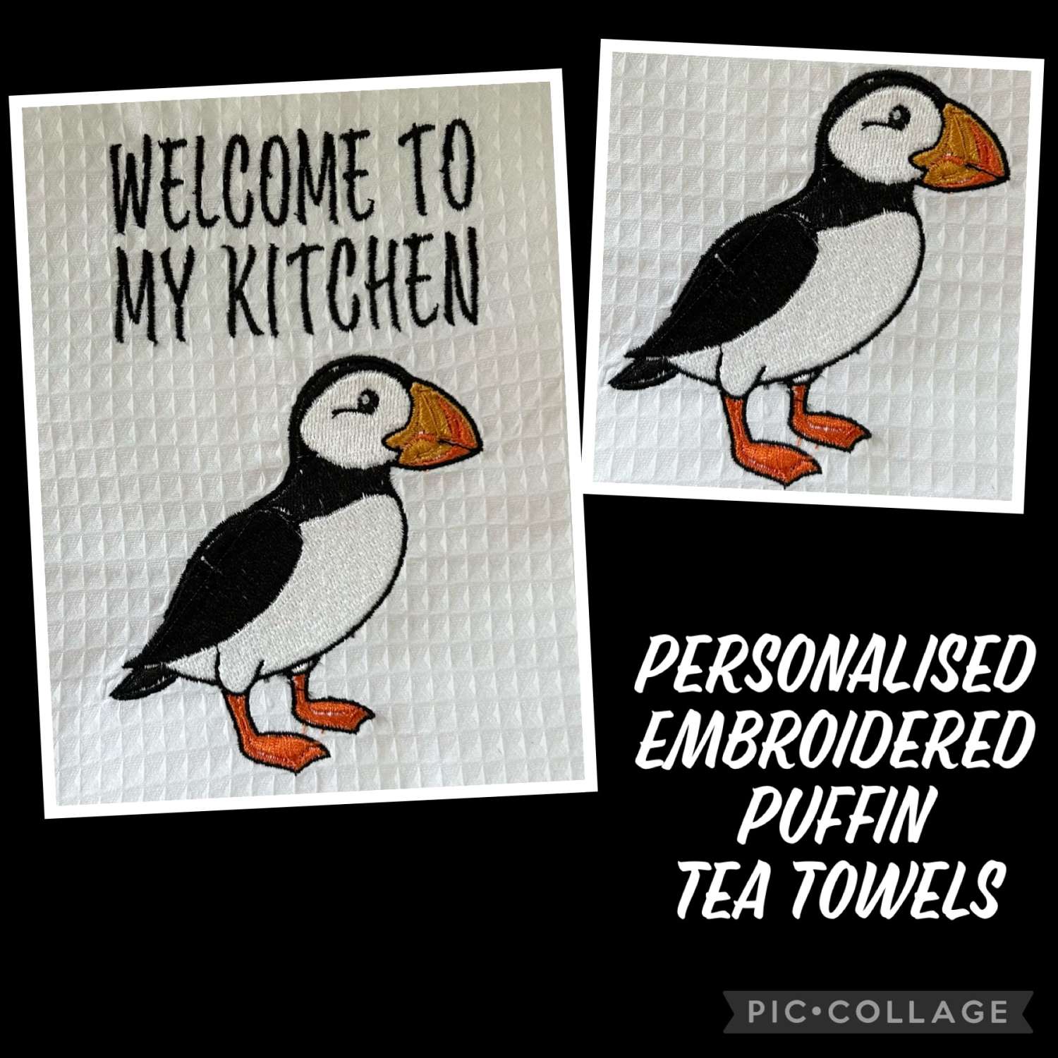 Personalised Embroidered Tea Towel Puffin Design Personalised Embroidered Tea Towel Puffin Design