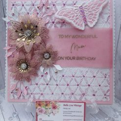 Luxury Handmade Birthday - To My Lovely Mum  on Your Birthday - Pretty pink, white & gold with vellum wrap & spray of clematis flowers