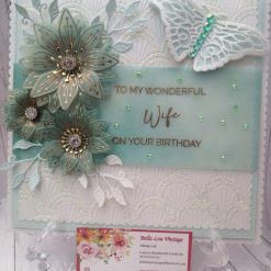Luxury Handmade Birthday - To My Lovely Wife on Your Birthday - Pretty Green, white & gold with vellum wrap & spray of clematis flowers