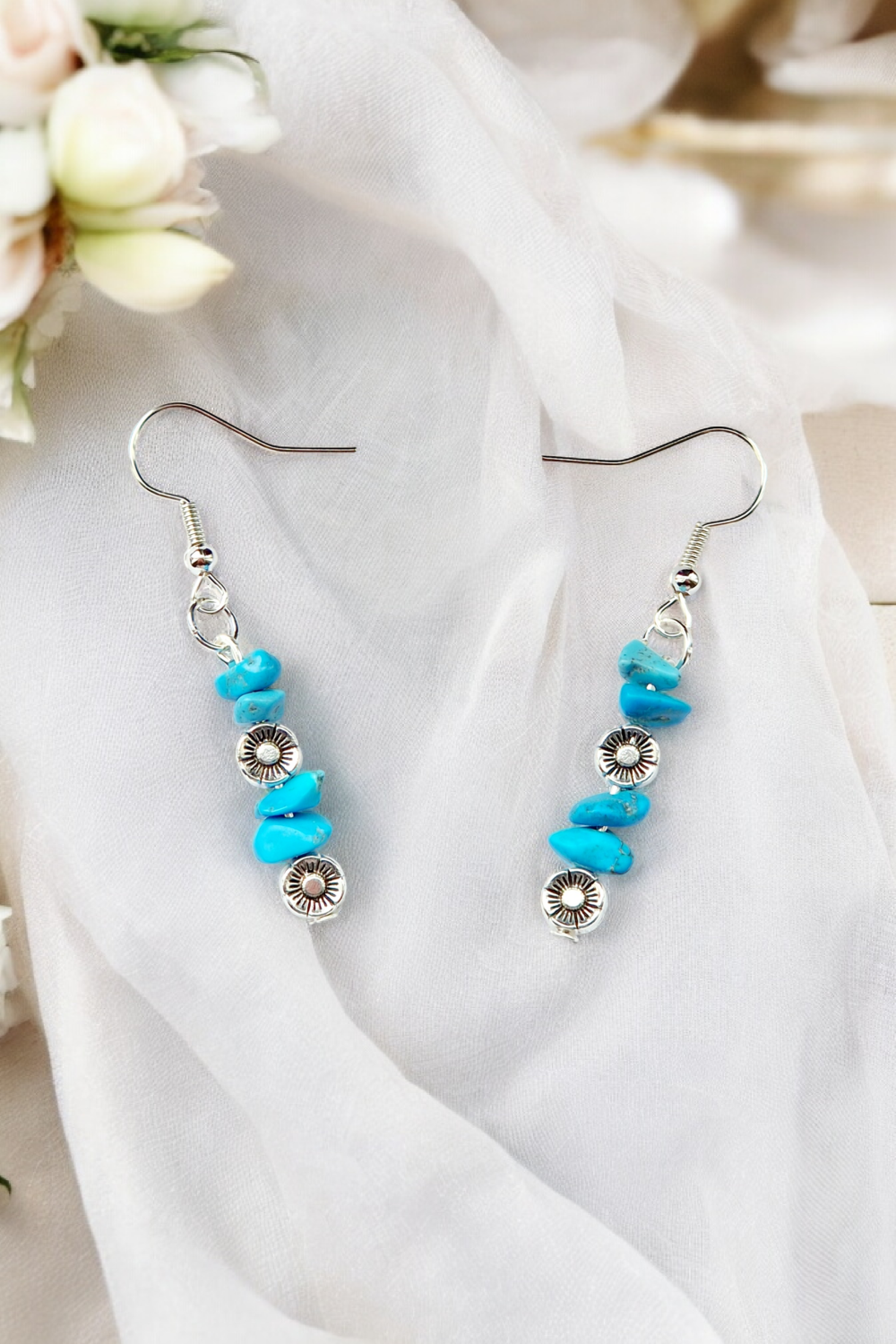 A Beautiful Pair of Malachite Gemstone and Silver Poppies Dangle Earrings A Beautiful Pair of Malachite Gemstone and Silver Poppies Dangle Earrings