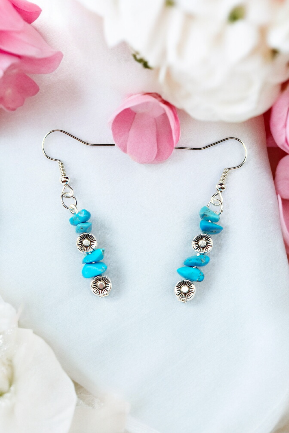A Beautiful Pair of Malachite Gemstone and Silver Poppies Dangle Earrings A Beautiful Pair of Malachite Gemstone and Silver Poppies Dangle Earrings