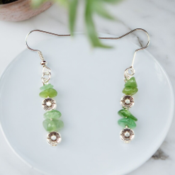 A Beautiful Pair of Green Aventurine Gemstone and Silver Poppies Dangle Earrings 1