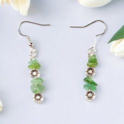 A Beautiful Pair of Green Aventurine Gemstone and Silver Poppies Dangle Earrings