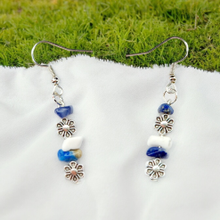 A Beautiful Pair of Lapis Lazuli and Magnesite Gemstone Dangle Earrings with Silver Daisies