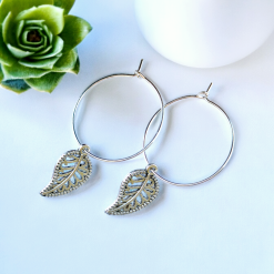 A Beautiful Pair of Silver Leaf Hoop Earrings
