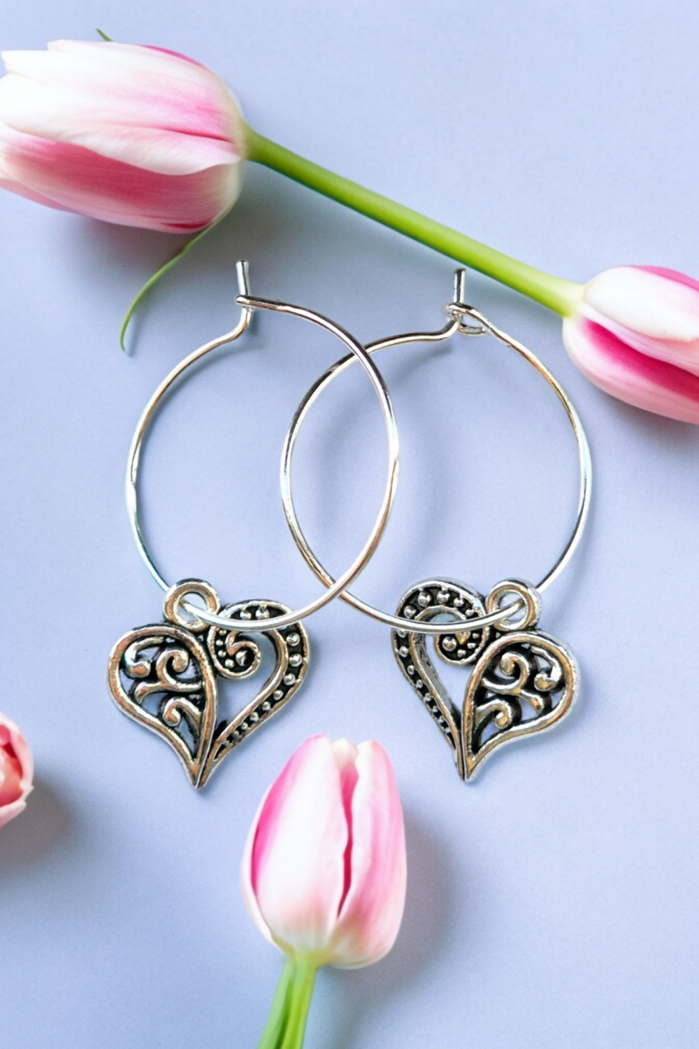 A Beautiful Pair of Silver Heart Hoop Earrings A Beautiful Pair of Silver Heart Hoop Earrings