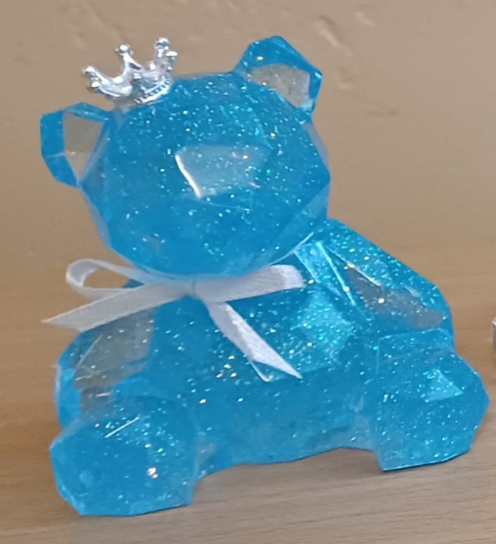 Handmade Resin Blue Glitter Geometric sitting Teddy Bear Keepsake Handmade Resin Blue Glitter Geometric sitting Teddy Bear Keepsake