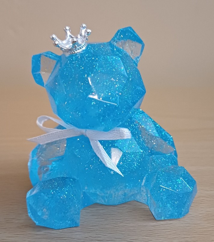 Handmade Resin Blue Glitter Geometric sitting Teddy Bear Keepsake Handmade Resin Blue Glitter Geometric sitting Teddy Bear Keepsake