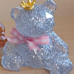 Handmade Clear Resin Silver Glitter Geometric sitting Teddy Bear Keepsake