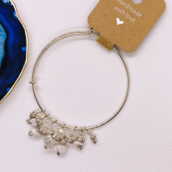 White Crystal & Rhinestone Silver Tone Adjustable Bangle